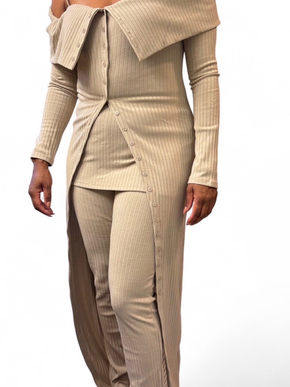 Finesse Off-Shoulder Ribbed Button-Front Knit Set in Beige